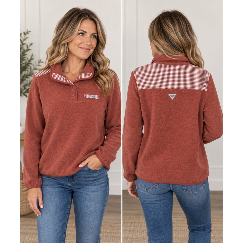 Columbia PFG Harborside Overlay Fleece Pullover Women's Medium NWT Rose Gingham